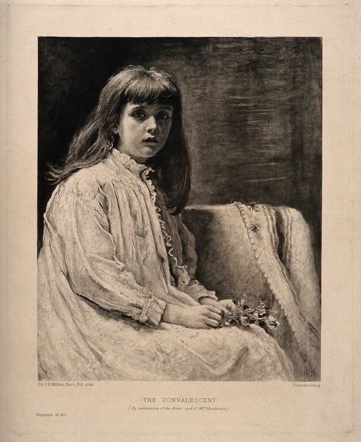 Portrait of a convalescing girl. Reproduction of a painting by Dujardin after Sir J.E. Millais, 1875.