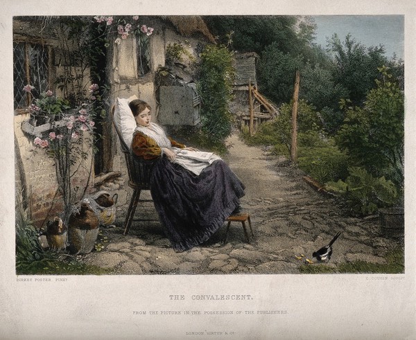 A young woman convalescing in a country garden watches a bird feed on bread. Coloured line engraving by C. Cousen after M.B. Foster.