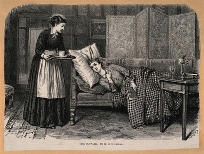 A patient lies on a chaise-longue, while a nurse brings her some refreshment. Wood engraving by J.C. Griffiths after G.G. Kilburne.