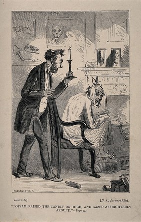 A man with toothache sits in his nightgown, with a handkerchief around his face, in a surgery [?], and is discovered by "Botsam" in fright to be turning into a devil. Wood engraving by F. Wentworth after H.K. Browne.