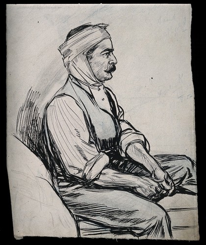 A man with a bandaged head. Pen and ink drawing.