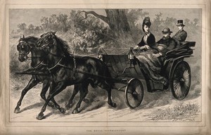 view Princess Alexandra taking a carriage ride with a convalescing Prince Albert Edward. Wood engraving by H. Harral, 1872.
