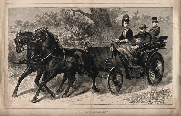 Princess Alexandra taking a carriage ride with a convalescing Prince Albert Edward. Wood engraving by H. Harral, 1872.