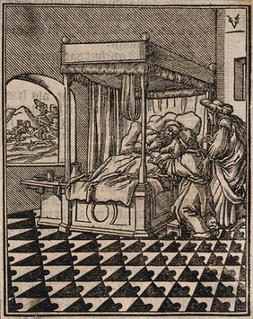 Isaac fooled into blessing Jacob with Rebekah present, while Esau hunts venison. Woodcut attributed to C. van Sichem the elder.