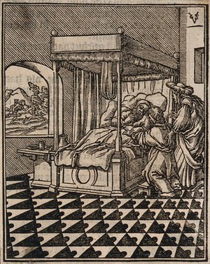 view Isaac fooled into blessing Jacob with Rebekah present, while Esau hunts venison. Woodcut attributed to C. van Sichem the elder.