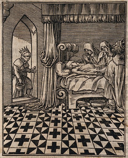 Two hooded figures and a king grieve over a dead person while a masked woman enters the room with a bowl and a stick. Woodcut attributed to C. van Sichem the elder.