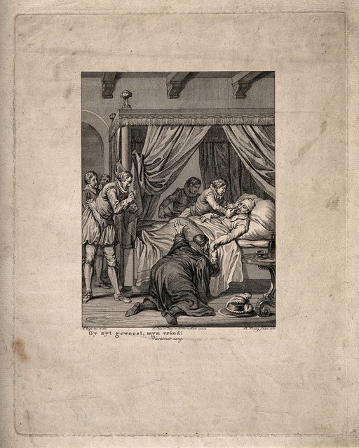 A dying man in his bed surrounded by praying grief-stricken figures. Line engraving by T. Koning, 1782, after J. Buys.