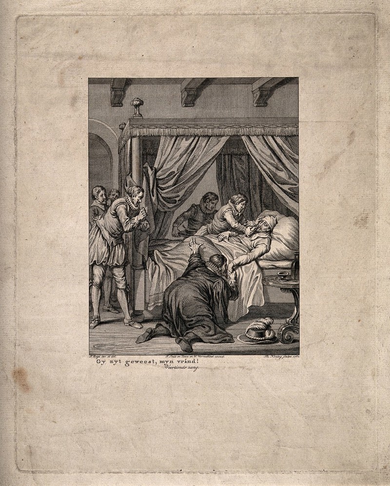 William of Orange on his sickbed in Rotterdam in August 1574. Line engraving by T. Koning, 1782, after J. Buys., 1782, by Jacobus Buys