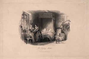 view A dying woman lies in bed: a woman at the bedside is consoled by another. Line engraving by F. Lightfoot after T. Allom.