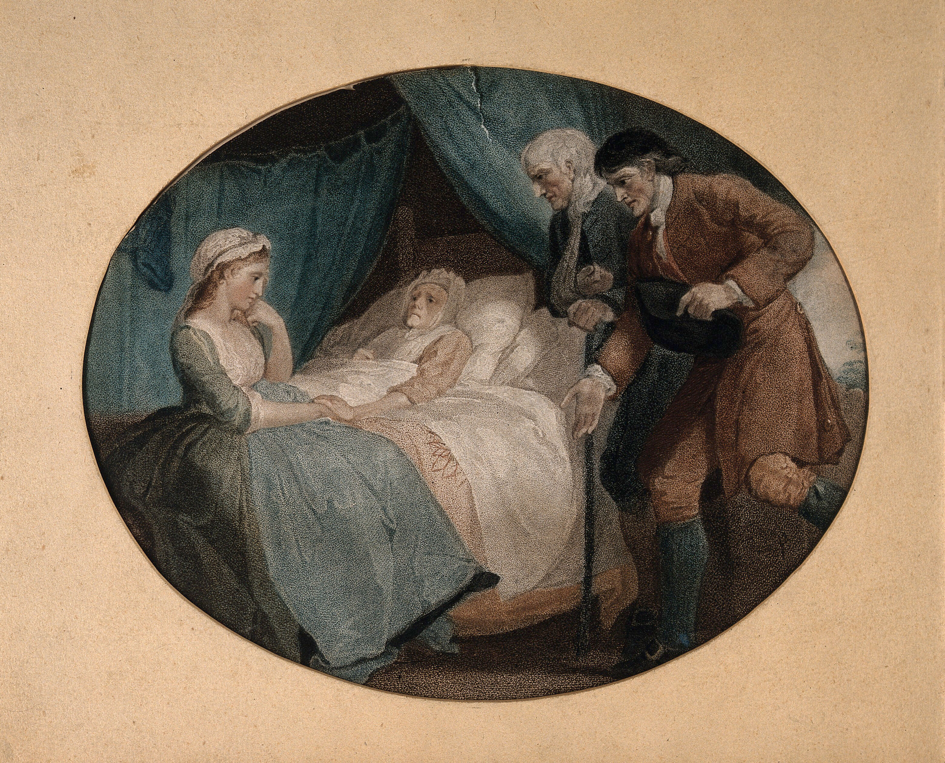 An Old Woman Dying With Her Hand Held By Her Daughter Two Men