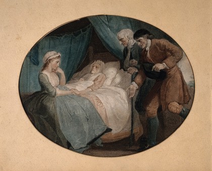 An old woman dying with her hand held by her daughter; two men, with impaired limbs, pay their last respects. Colour stipple print by E. & M.A. Scott after T. Stothard.