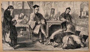 view The funeral of a Chinese merchant's wife in Hong Kong. Wood engraving after G.W. Cooke (?), 1859.