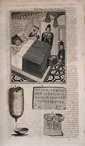 King Charles the Bad of Navarre being burnt to death in bed, while others pray and panic about him. Engraving.