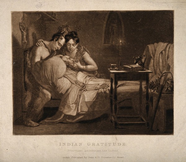 Las Casas sick with a fever being taken care of by two Peruvian indians. Tinted aquatint.