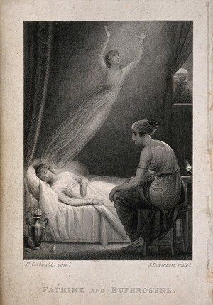 view Fathime's astral body leaving her as she dies while Euphrosyne sits and watches. Line engraving by S. Davenport after H. Corbould.