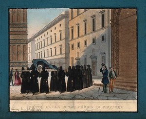 view Monks carrying a corpse in a religious funeral procession, passers-by pay respect. Coloured aquatint.