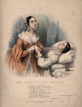 A young man lies dying, a woman weeps as she holds his hand, an hourglass stands on the table. Coloured lithograph by J. Bouvier.