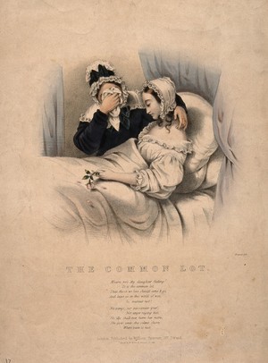 view A mother cries in grief while comforting her dying daughter, who holds a rosebud with falling petals. Coloured lithograph by J. Bouvier.