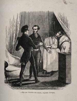 view A woman has just died: one man breaks the news to another. Wood engraving.