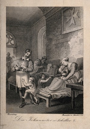 view The interior of a hospital of the Order of St. John. Line engraving by Rasmäsler, 1828, after J.H. Ramberg.