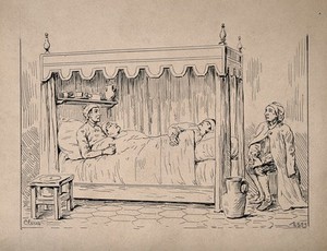 view Three sick soldiers sharing a bed while another watches over them. Pen and ink drawing by Clarus.