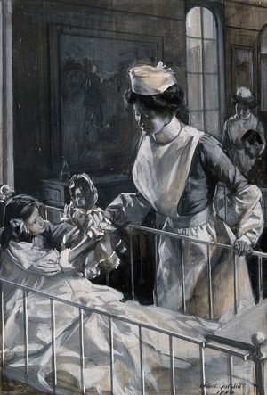 view A nurse checking on a playful child. Watercolour drawing by J.E. Sutcliffe, 1904.