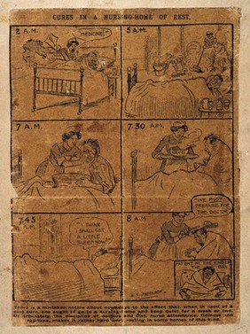 A typical morning in a nursing-home: the patient seeks rest but is coninually being woken up. Process print after W.K. Haselden.