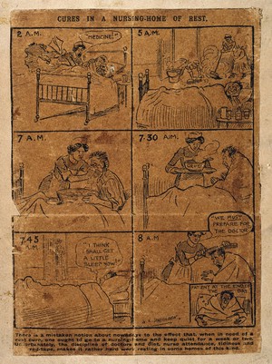 view A typical morning in a nursing-home: the patient seeks rest but is coninually being woken up. Process print after W.K. Haselden.