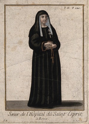 view A nun from the Hospital of Santo Spirito, Rome. Coloured line engraving by C. Duflos le père.