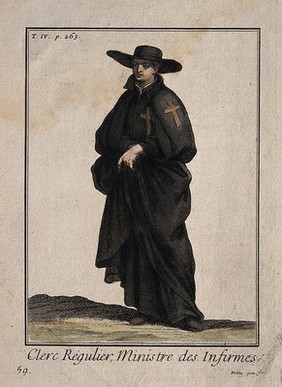 A monk for the care of sick people dressed in his habit. Coloured line engraving by N. de Poilly.