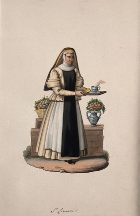 A nursing nun, carrying a tray of food and hot drink, wearing the habit of her order. Watercolour drawing.