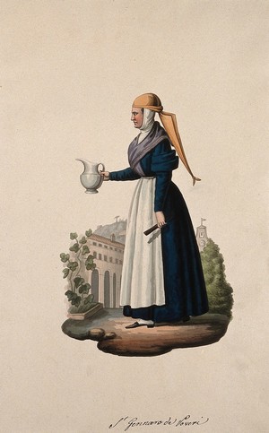 view A nun wearing her habit holding a jug in the grounds of her convent. Watercolour.