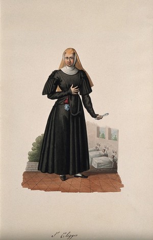 view A nun holding a medicine spoon with her hospital behind her. Watercolour drawing.