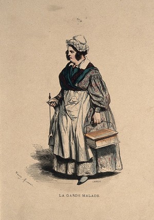 view A home nurse carrying a 'hot-coal' bed warmer. Coloured wood engraving by J.A. Lavieille after H.B. Monnier.