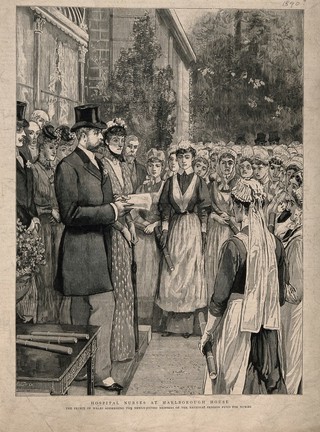 The Prince of Wales addressing nurses at a meeting about the National Pension Fund for Nurses, Marlborough House. Wood engraving.
