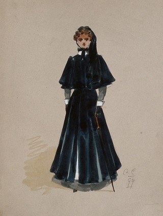 An army hospital nurse in her outdoor uniform. Watercolour by C.C., 1899.