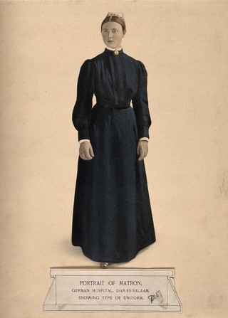 An army matron from the General Hospital, Dar-es-salaam, Tanganyika. Coloured lithograph.