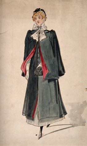 A district nurse with her outdoor uniform and bag. Watercolour drawing.