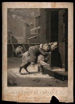 A St. Bernard dog brings an avalanche victim to a hospice in the Alps. Stipple engraving by Dibart Castel, 1820, after P.A.A. Vafflard.