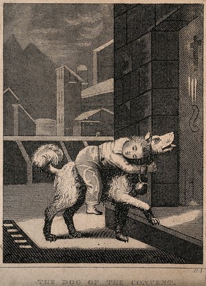 view A rescue dog brings back a little boy on his back to a hospice. Line engraving.