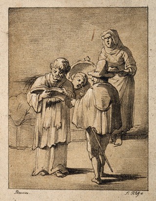 A dying man in bed being read the last rites. Lithograph by F. Piloty after L. Bramer.