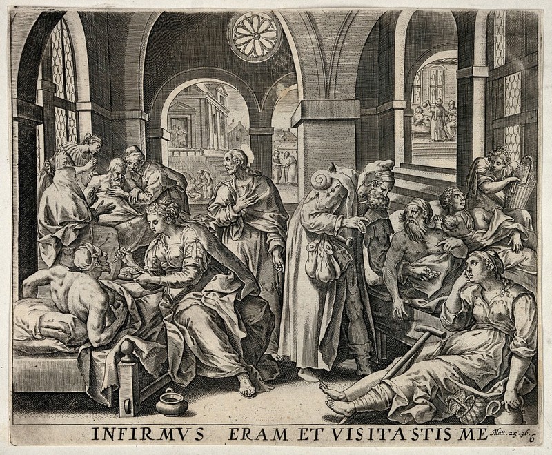 A hospital ward showing sick patients being tended to by medical staff, after a quote from the Bible (Matt. 25.36). Line engraving by C. Galle., 1600-1699, by Cornelis Galle the Younger