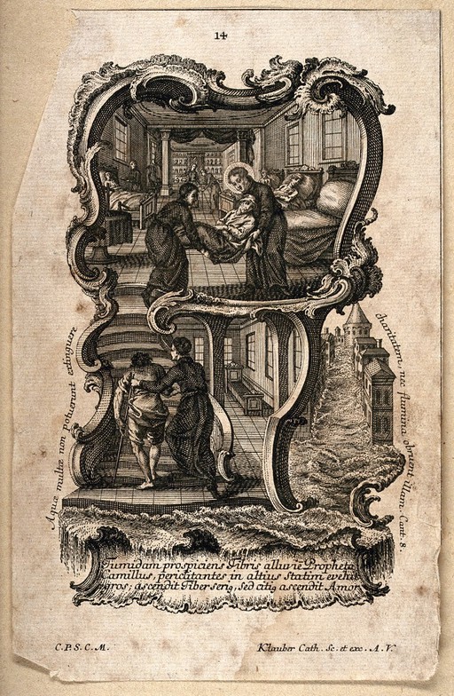 St. Camillus de Lellis rescuing lives and offering shelter from the flooding Tiber, Rome. Line engraving by C. Klauber after herself.