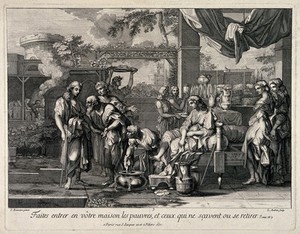 view Charity being given to poor hungry beggars by a rich household. Engraving by L. Audran after S. Bourdon.