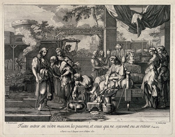 Charity being given to poor hungry beggars by a rich household. Engraving by L. Audran after S. Bourdon.