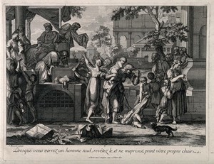 view Charity being handed out in the form of clothes to the poor and needy. Line engraving by L. Audran after S. Bourdon.