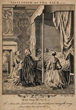 Three people praying around the bed of a sick man, one is a priest. Line engraving by I. Taylor.