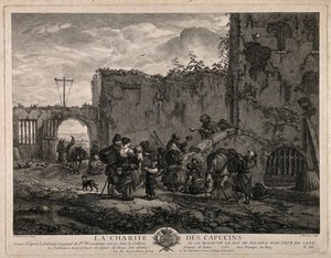 view Travelers receiving alms and food from a Capuchin monastery. Line engraving by J. Moyreau, 1750, after P. Wouvermans.