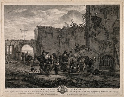 Travelers receiving alms and food from a Capuchin monastery. Line engraving by J. Moyreau, 1750, after P. Wouvermans.