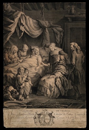 view A charitable lady visiting a sick man and his family: with a crest. Line engraving by N.J. Voyez, 1773, after C.D.J. Eisen.